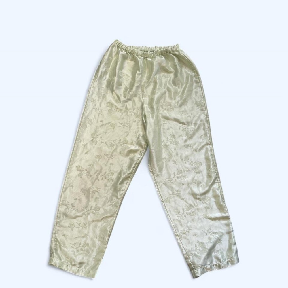 Green floral satin lounge pants with elastic waistband M